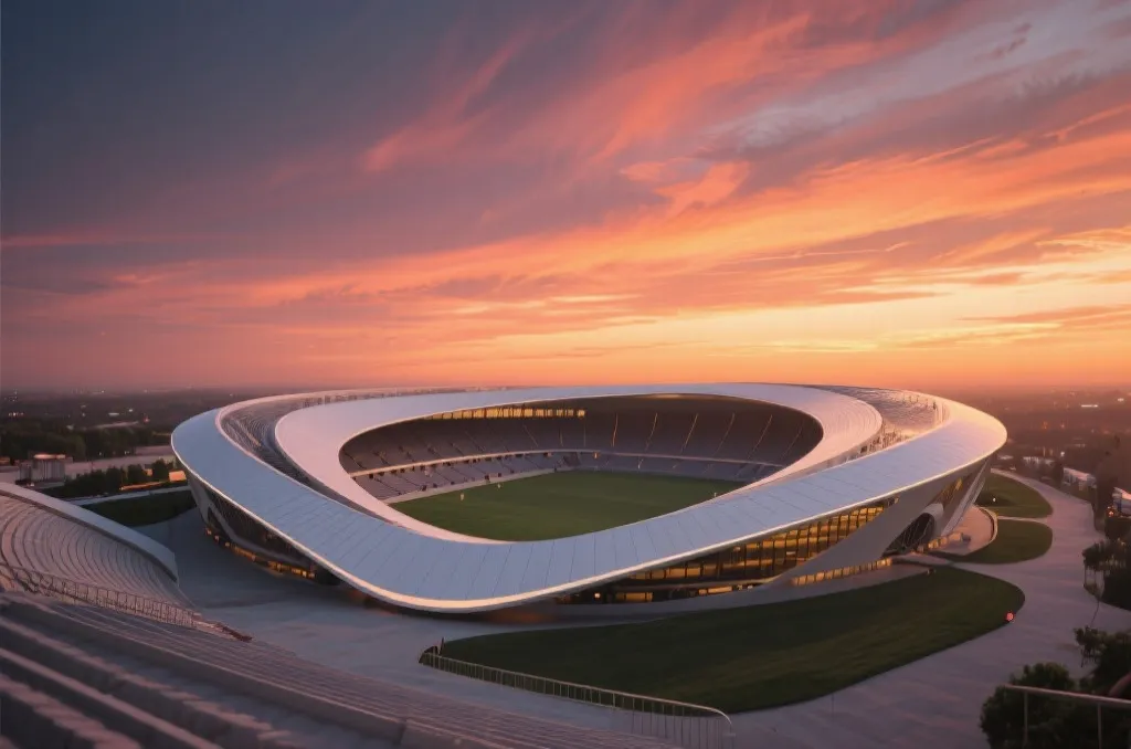A futuristic stadium architectural concept under a dramatic sunset sky, wide angle editorial photography