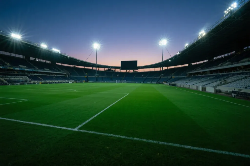 A generic modern soccer stadium with bright floodlights at dusk
